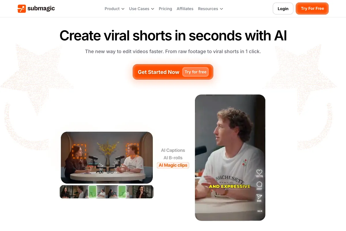 Интерфейс Submagic с анимированными субтитрами на основе ИИ и функциями Magic B-Roll